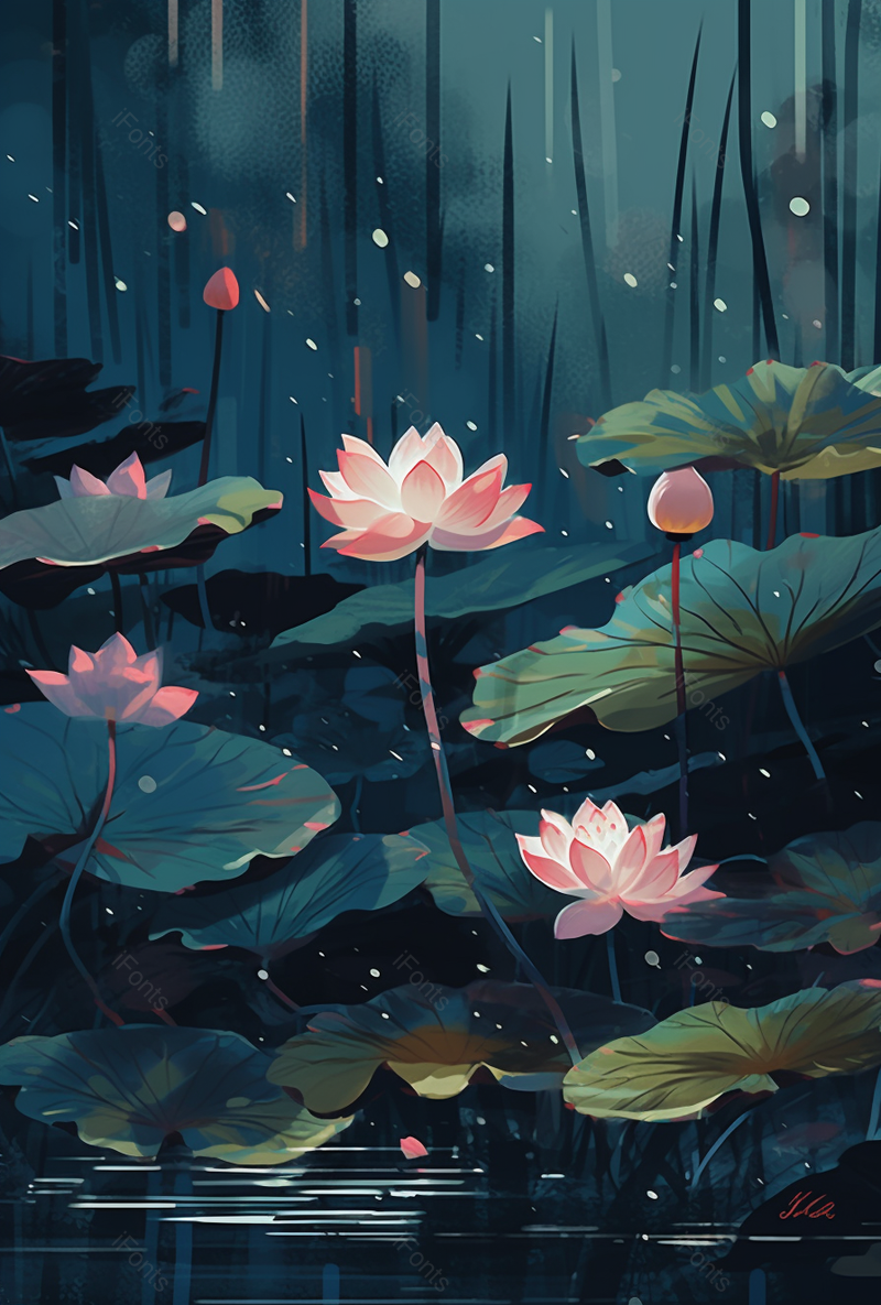 复古风池中荷花盛开插画素材,插画/手绘图,插画/手绘图库,插画/手绘图下载,插画/手绘